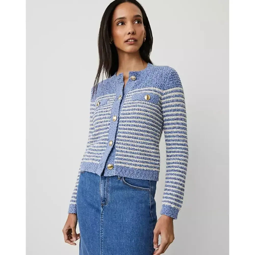 Ann Taylor Denim Striped Cardigan Gold Button Sweater Jacket Metallic Blue White - Picture 2 of 13